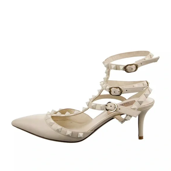 Valentino Leather T-Strap Pumps Studded Accents Sz 6 heel closed toe cream/white - Picture 2 of 5